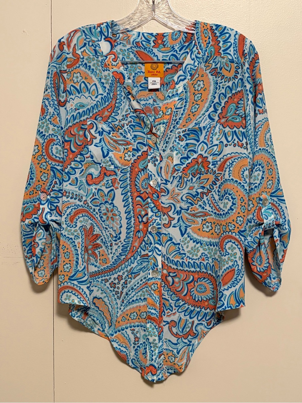 Ruby Rd. Teal, Orange & Blue Paisley Button-Down Blouse